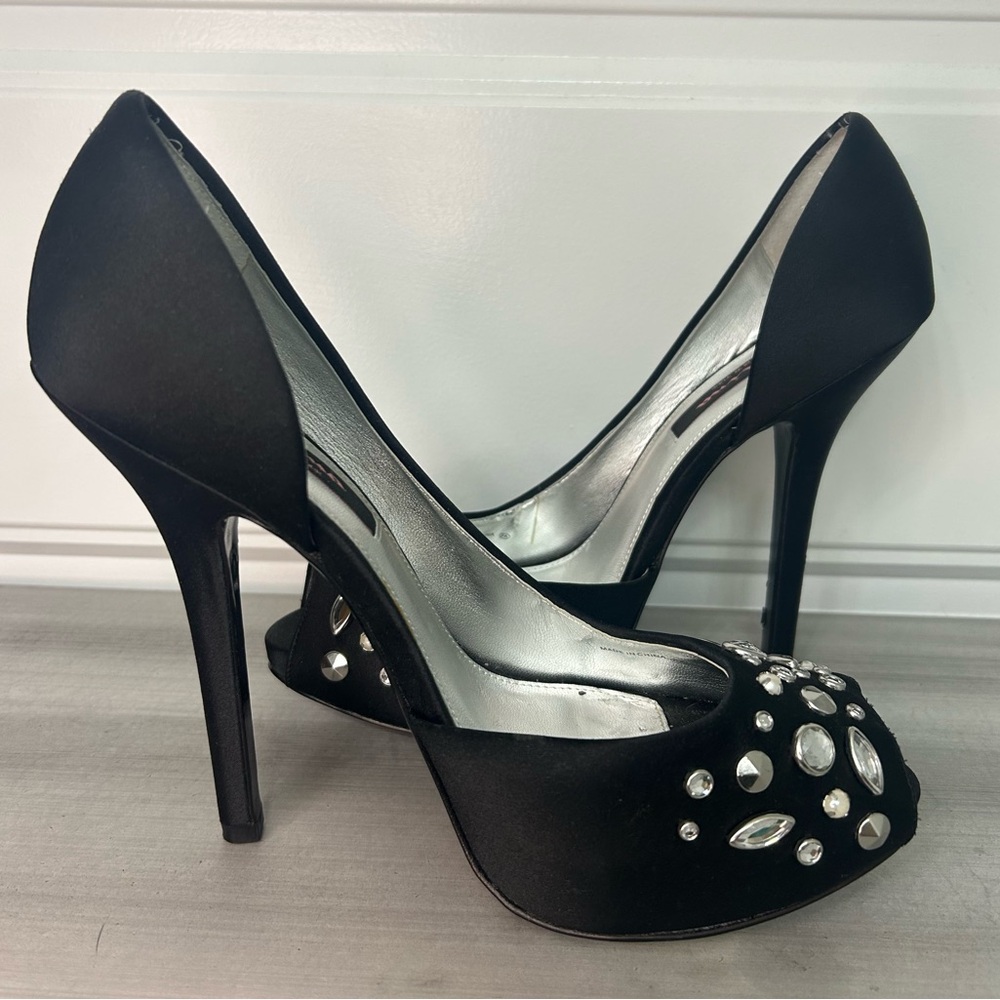 Nina Black Satin Studded Open Toe D’orsay Heels size 10